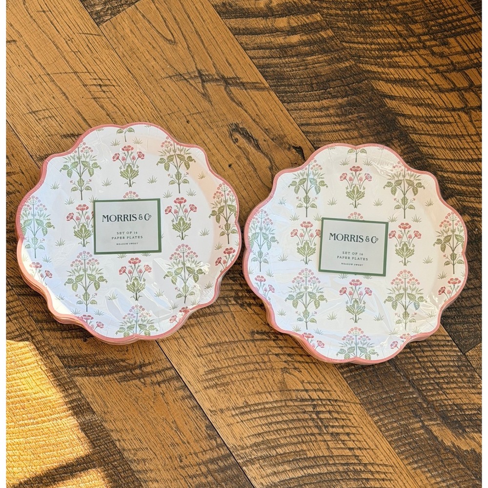 Morris‎ & Co Meadow Sweet 32 Paper Plates Scalloped Floral 10 Inch Pink Green